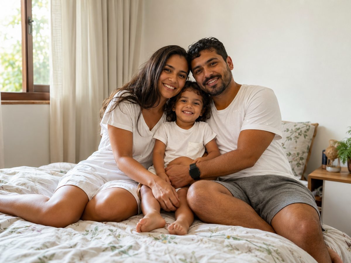 Família tranquila em um quarto claro e arejado, com as paredes limpas