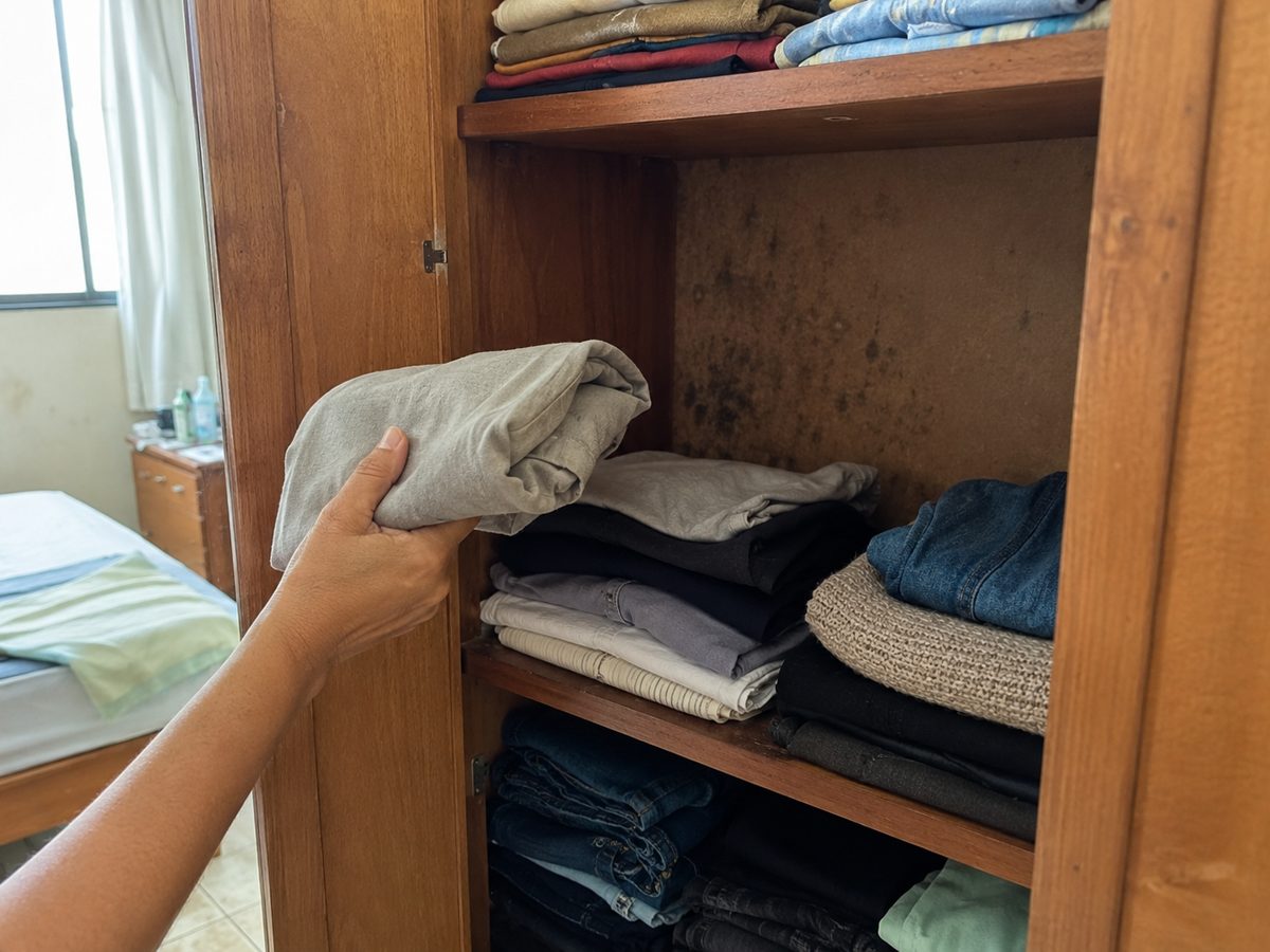 Guarda-roupa aberto com roupas guardadas e sinais de mofo no fundo do móvel